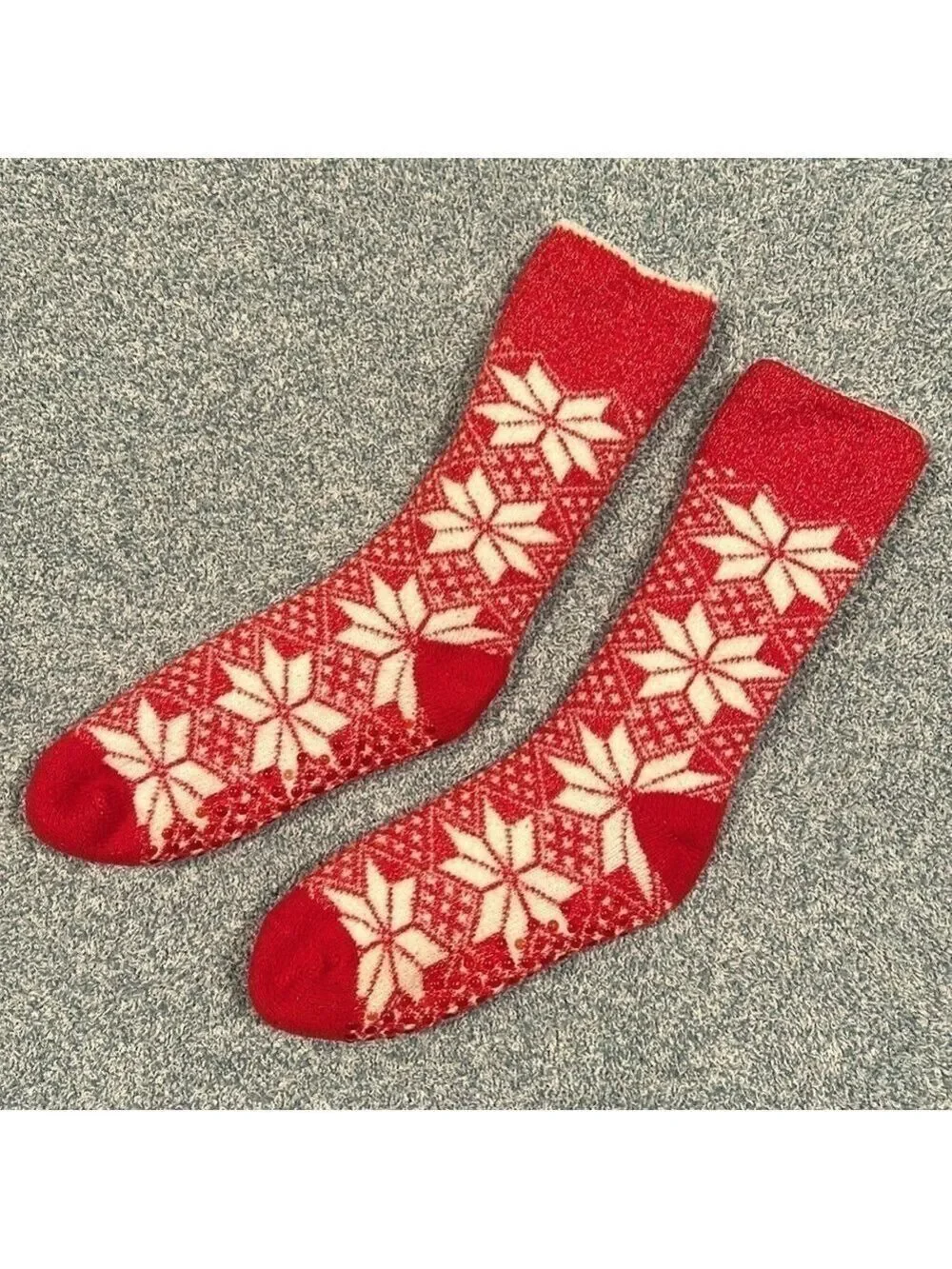 Red and White Snowflake Extra Thick Fold Over Fuzzy Socks Calf Length with Grips